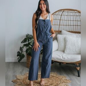 Miou Muse Brandi Jumpsuit Wild Oak Boutique Steel Blue Waist Tie Overalls M NWT